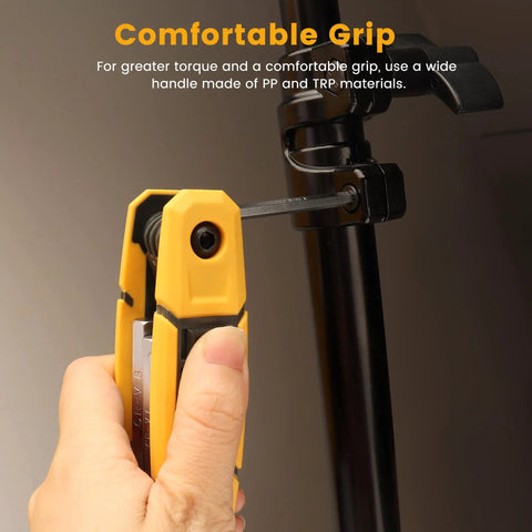 Using 17-Piece Folding Allen Wrench Set with Metric and SAE Hex Tools for Tight Spaces on a black fixture.