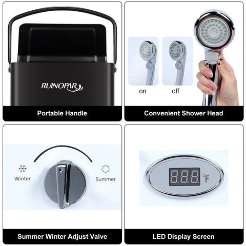 On Demand Portable Propane Tankless Water Heater 6L 1.57GPM with handle, showerhead, temperature dial, and digital display