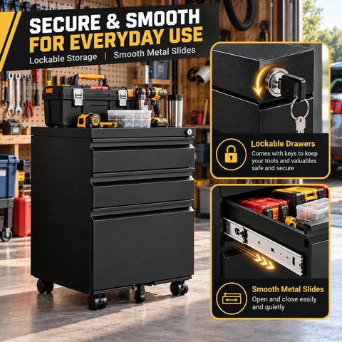 Rock Solid Heavy Duty Metal Rolling Tool Cabinet With Lockable Drawers And Non Slip Rolling Wheels For Straight Up Serious Garage Organizing And Badass Work Gear Storage Solutions, showing smooth metal slides and lockable drawers.