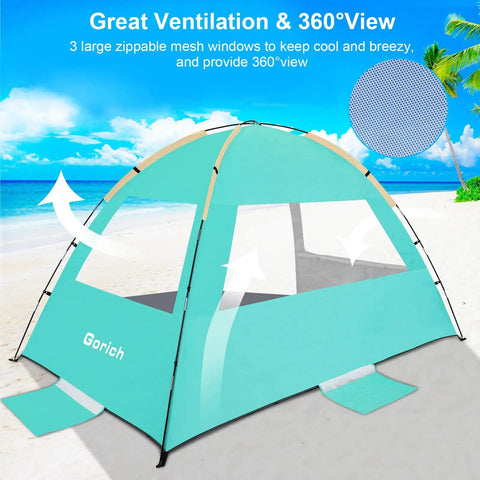 Family Beach Tent Sun Shelter With UPF 50 Plus UV Protection, Easy Setup Portable Shade Canopy, beach view with mesh windows