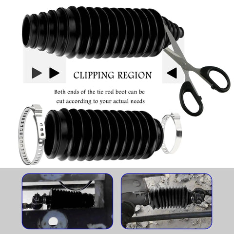 Pro Grade Rack And Pinion Boot Kit With Dustproof Silicone Inner Tie Rod Boot Set with bellows, cable ties, and clamps shown.