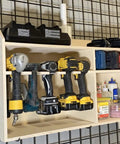 Cordless Drill Tool Holder Organizer Rack With Custom 5 Slot Design Wood Shelf Case For Home Workshop Multi Storage Made In The USA Keeps Drills Neat Accessible And Ready To Grab, mounted on wall with drill tools and accessories