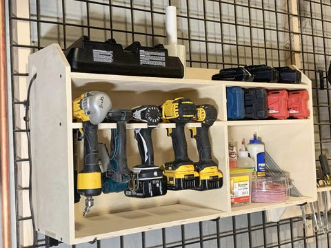Cordless Drill Tool Holder Organizer Rack With Custom 5 Slot Design Wood Shelf Case For Home Workshop Multi Storage Made In The USA Keeps Drills Neat Accessible And Ready To Grab, mounted on wall with drill tools and accessories