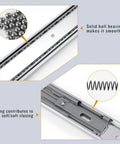 Built Tough 12 Inch Soft Close Drawer Slides 5 Pairs Full Extension Ball Bearing Side Mount Satin Nickel Heavy Duty 100 Lb Capacity For Kitchen And Bathroom Remodels ball bearing and soft-close spring details