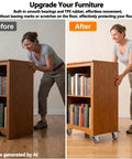 Before and after of heavy duty 1.5 inch plate caster wheels set of 4, showing easy movement of cabinet with books.