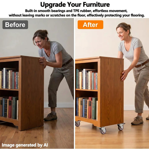 Before and after of heavy duty 1.5 inch plate caster wheels set of 4, showing easy movement of cabinet with books.