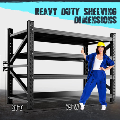 Heavy Duty Metal Garage Shelving 79 Inch Wide 4 Tier Adjustable Storage Rack Matrix Frame Easy Assembly with dimensions shown.