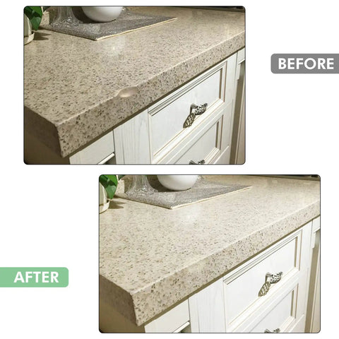 Before and after repair on granite countertop using Color Match Countertop Repair Kit For Granite Marble Quartz Corian Tile And Stone Surfaces With Epoxy Resin For Chip Crack Holes DIY Kit That Delivers Pro Grade Hue Matching On Porcelain And Tiles