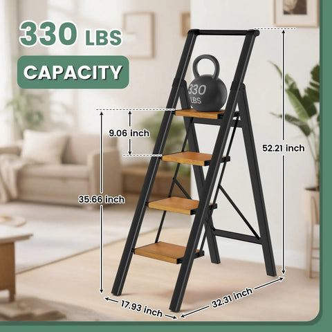 Four Step Folding Aluminum Step Ladder With Handle For Home Use Non Slip Pedals And Rubber Feet Safe Sturdy Kitchen And Garage Ladder For Adults Lightweight Portable Easy Fold And Store In Small Spaces, 330 lb capacity
