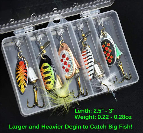 Beefed Up Spinner Baits Set For Freshwater And Saltwater 10 Rooster Tail Lures And Spinning Spoons in a plastic tackle box