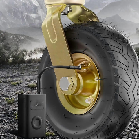 Close-up of 10 Inch Pneumatic Rolling Plate Casters Wheels with Durable Rubber Knobby Tread for Furniture on rugged terrain