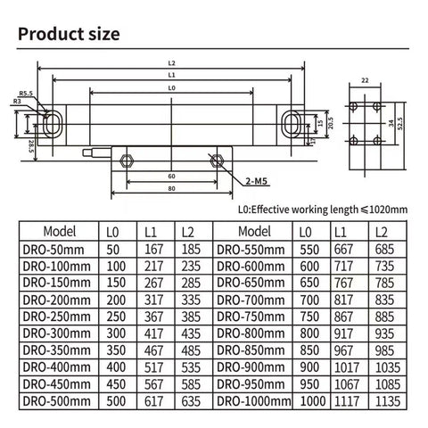 Diagram showing product dimensions for 2 Axis Or 3 Axis DRO Display For Milling And Lathe Machines, 550mm travel, 22 inches readout.