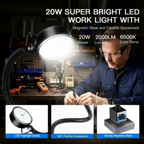 LED Work Light with Magnetic Base Gooseneck 20W 2000LM illuminating workshop bench with tools, hands-free operation visible