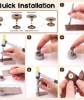Step-by-step guide of Dope Magnetic Button Clasps Sewing Kit For DIY Projects, showing tool and clasp installation on fabric.