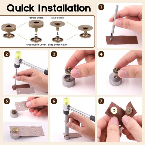 Step-by-step guide of Dope Magnetic Button Clasps Sewing Kit For DIY Projects, showing tool and clasp installation on fabric.