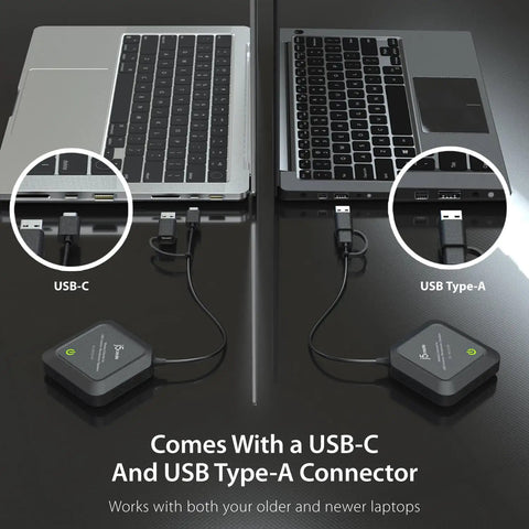 Wireless USB Camera Extender for Streaming and Conferencing Turns Wired Webcam Into Wireless shown with USB-C and USB-A laptops