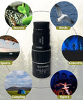 16X52 Monocular Telescope High Power HD for birding and hunting with dual focus system, surrounded by activity icons.