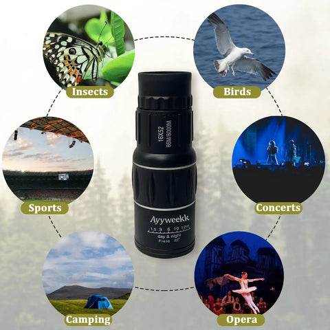 16X52 Monocular Telescope High Power HD for birding and hunting with dual focus system, surrounded by activity icons.
