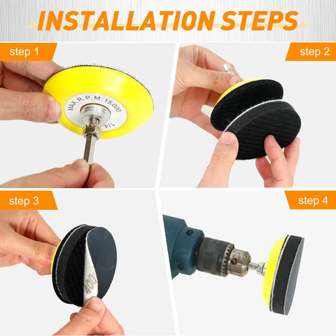 Installation steps for 174 Piece 3 Inch Wet And Dry Sanding Disc Set With Grit 60 To 10000 and drill attachment