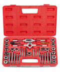SAE tap and die set in red plastic case with assorted taps and dies, sizes #4–12 and 1/4–1/2 in, front view