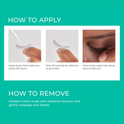 Step-by-step application of 5 Day Extended Wear Strip Lash Adhesive With Brush Applicator for secure lash hold.