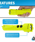 Intrinsically Safe Permissible Dual-Light Flashlight With 160 Lumen Beam And 130 Lumen Flood, close-up of green flashlight.