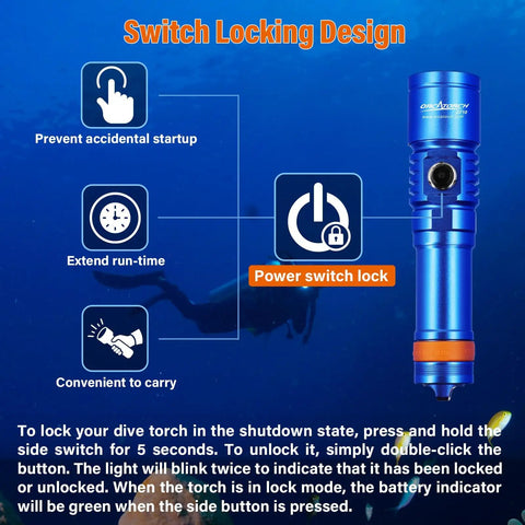 D710 3000 Lumen Underwater Dive Light With 6 Degree Narrow Beam IP68 Waterproof To 150 Meters Scuba Flashlight with switch lock