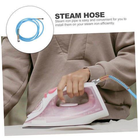 Person ironing with heavy duty PTFE steam hose attached to steam iron, illustrating reliable steam supply for easy ironing.