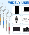 Handy 3-In-1 Eyeglass Repair Kit with keychain screwdrivers, five colors, shown with compatible devices like glasses and electronics.