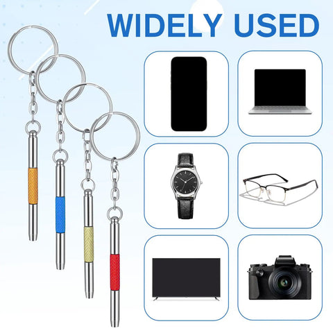 Handy 3-In-1 Eyeglass Repair Kit with keychain screwdrivers, five colors, shown with compatible devices like glasses and electronics.