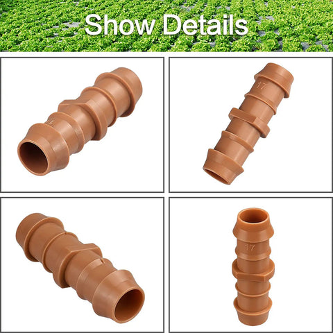 20 Piece One Half Inch Drip Irrigation Barbed Coupling Connectors For 0.56 To 0.60 Inch Tubing, close-up on connectors