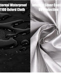 Waterproof Pergola Shade Cover material showing black 210D Oxford fabric and silver-coated UV shield for extra sun protection