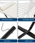 Two Person Outdoor Hammock With 12 Ft Steel Stand For Easy Setup No Trees Needed Portable Beach Patio Garden Chill Vibes 475 Lb Capacity Breathable Cotton Rope And Quilted Pad Weather Resistant Easy Fold Storage Case Included showing soft pad, handmade lanyard, steel hook, and stable frame.