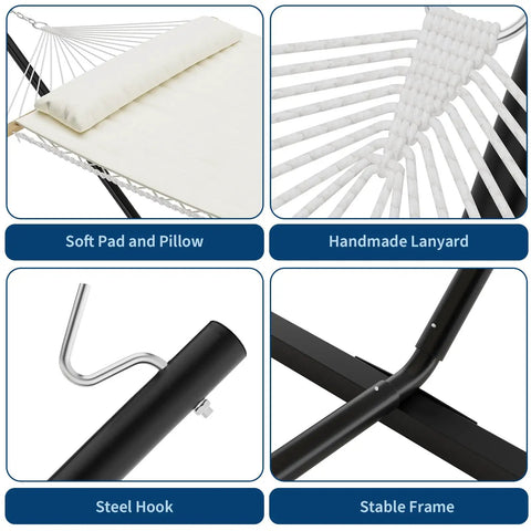 Two Person Outdoor Hammock With 12 Ft Steel Stand For Easy Setup No Trees Needed Portable Beach Patio Garden Chill Vibes 475 Lb Capacity Breathable Cotton Rope And Quilted Pad Weather Resistant Easy Fold Storage Case Included showing soft pad, handmade lanyard, steel hook, and stable frame.
