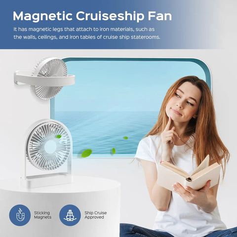 Magnetic Cruise Ship Desk Fan USB C Powered Portable With Strong Magnetic Base shown on cruise cabin desk