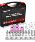 AG 60 Plasma Cutter Torch Consumables Kit 50 Pieces includes nozzles, electrodes, shield cups, wire spacer guides, and case