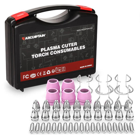 AG 60 Plasma Cutter Torch Consumables Kit 50 Pieces includes nozzles, electrodes, shield cups, wire spacer guides, and case