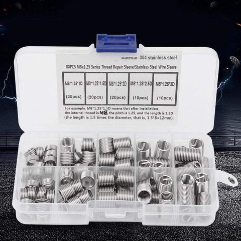 Stainless Steel Spiral Threaded Inserts Kit For M8x1.25 Helical Thread Insertion, 80 Piece Set, shown in a clear storage case