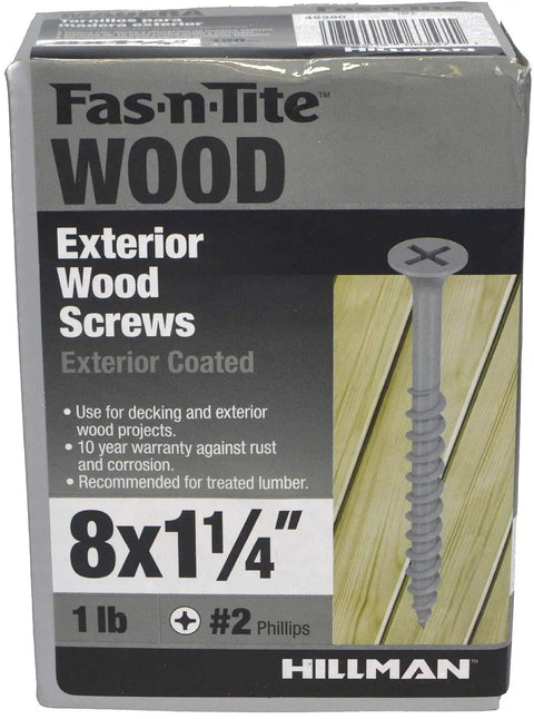 Fas-n-Tite Wood exterior wood screws 8x1¼" pack, exterior coated for decking and treated lumber projects.