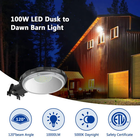 LED Barn Light Dusk To Dawn Outdoor Flood Light 100W 10000LM 5000K Daylight illuminating a barn at night