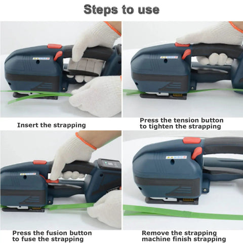 Steps to use Easy As Pie Battery Powered Handheld Electric Strapping Bander for Pet PP Cargo Pallets.