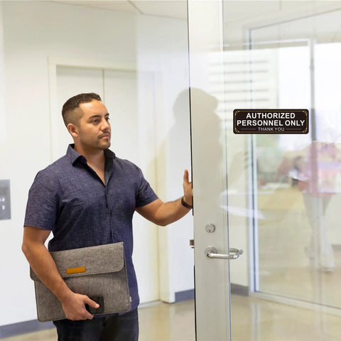 Two Pack Authorized Personnel Only Sign Self Adhesive Aluminum Wall Door Sign 9 X 3 Inches Black White Rustproof Heavy Duty Metal Sticker for Office Shop Gym Lab on glass door