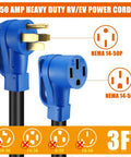 Heavy Duty 50 Amp Rv Ev Extension Cord Nema 14 50P To 14 50R 3Ft Power Cable showing blue connectors and black cable.