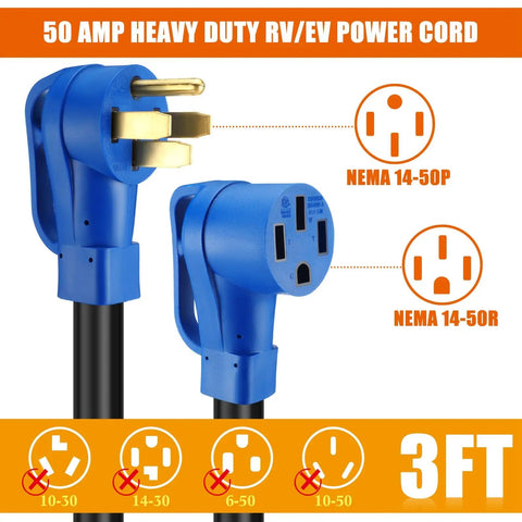 Heavy Duty 50 Amp Rv Ev Extension Cord Nema 14 50P To 14 50R 3Ft Power Cable showing blue connectors and black cable.