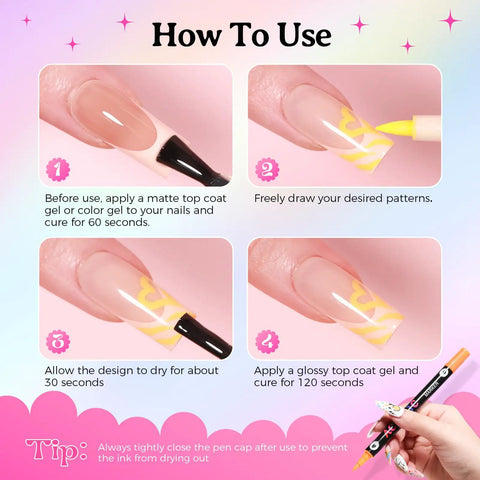 Step-by-step guide using 24 Colors Dual Ended Nail Art Pens Set With Quick Dry Acrylic Paint Markers 0.7mm Fine Liner Brush And 1.5mm Dotting Tool For Dope Dots And Sharp Lines Perfect For DIY Nail Design At Home Or In Salon
