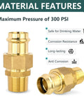 50 Pack Three Quarter Inch Copper Press Male Npt Fittings Premium Lead Free Brass Union Couplings No Sweat Install Without Flux Or Solder Guaranteeing Top Notch Leak Proof Plumbing Performance, showcasing features and max pressure.