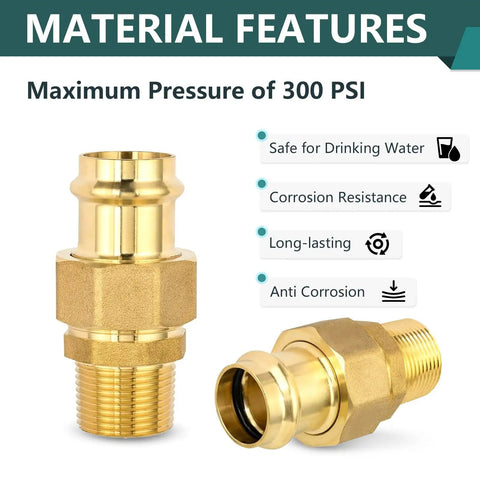 50 Pack Three Quarter Inch Copper Press Male Npt Fittings Premium Lead Free Brass Union Couplings No Sweat Install Without Flux Or Solder Guaranteeing Top Notch Leak Proof Plumbing Performance, showcasing features and max pressure.