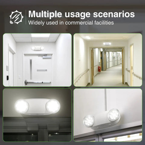 Multiple scenarios showing 10 Pack Hard Wired LED Emergency Lights With Battery Backup Featuring Two Adjustable Heads for hallways.