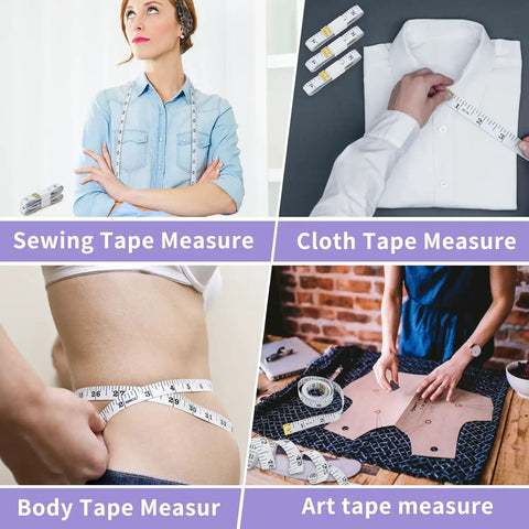 Various tape measures for sewing, clothing, body, and art on display showing different uses and types.