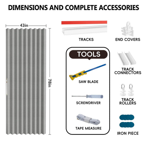 Accordion Door Curtain With Adhesive Track 100 Percent Blackout For Bedroom Closet Or Room Divider Gray 43 Inch Wide By 78 Inch Long Faux Linen Look No Rod Needed Easy Install Interior Doorway Curtain with tools and accessories.